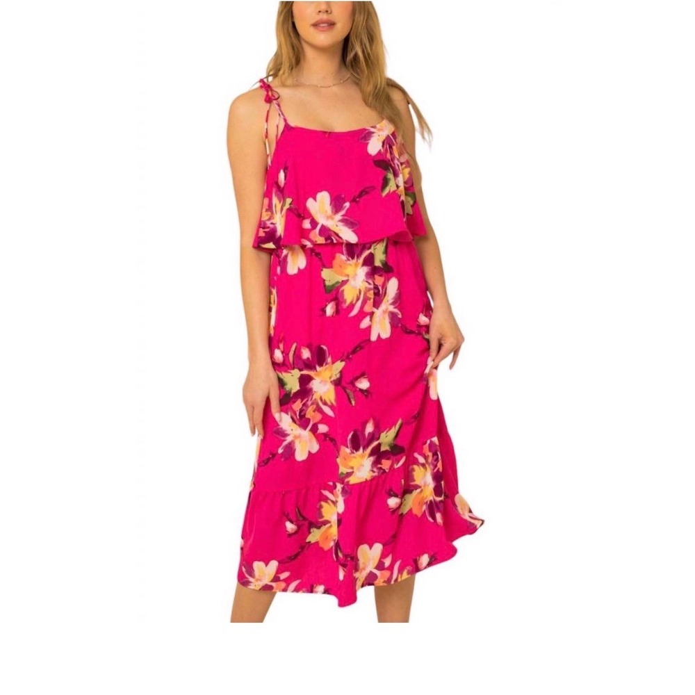 Gilli Pink Floral‎ Midi Dress Size Small Tie Strap Ruffle Boho Summer Vacation